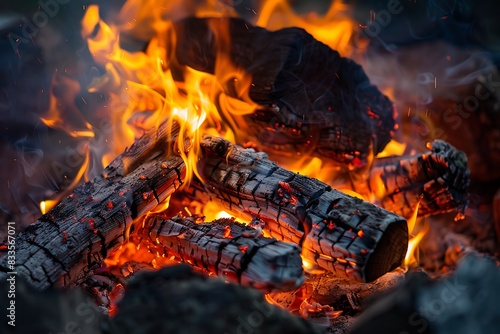 Flickering flames of a bonfire at night