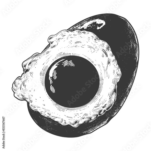Monochrome Fried Egg on Plate: Etched Illustration Style Breakfast.