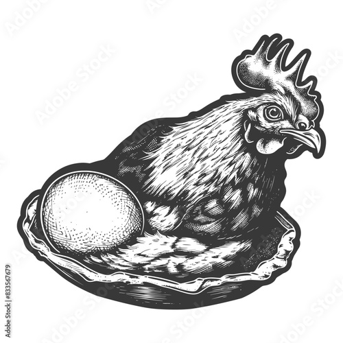 Brooding Hen: Engraved Illustration, Chicken Protecting Egg, Rustic Farm Art.