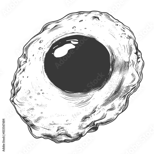 Hand-drawn fried egg illustration with detailed hatching and shading.