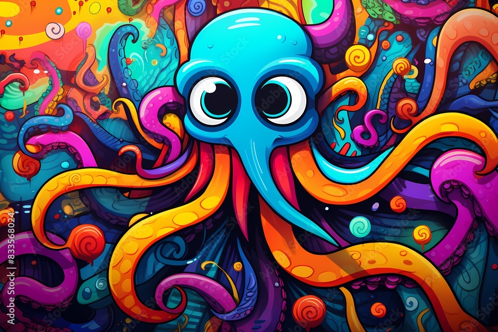 doodle background design, colorful octopus graffiti art