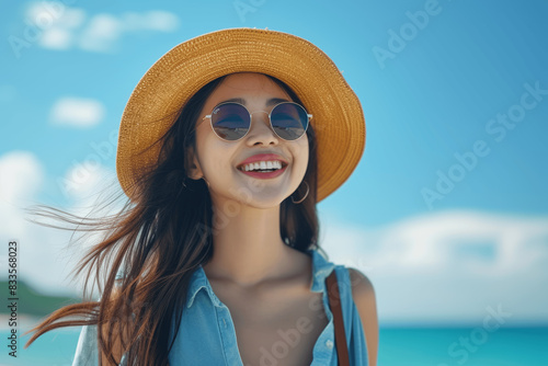Joyful Asian Woman on Summer Beach Vacation Posing with Sunglasses and Hat © btiger
