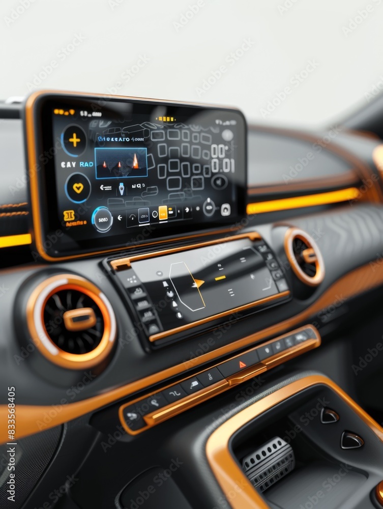 The car dashboard is a new design with a large touchscreen display, orange ambient lighting, and a minimalist design. The car dashboard is a new design with a large touchscreen display, orange ambient lighting, and a minimalist design.