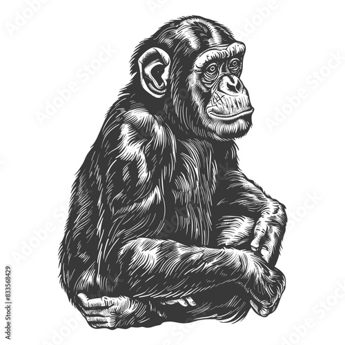 Engraved Chimpanzee: Pensive Primate, Detailed Etching, Wildlife Illustration