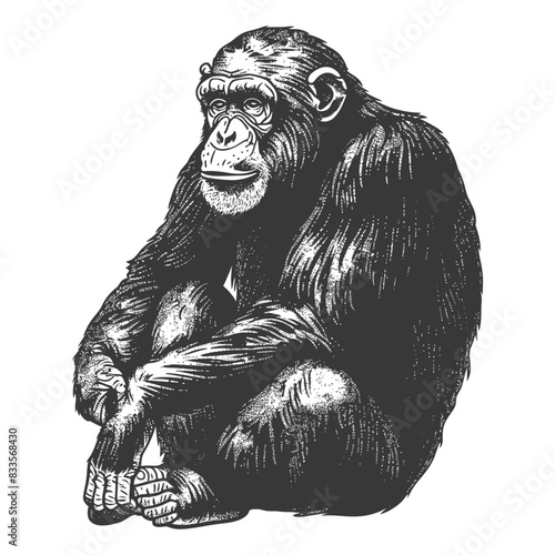 Pensive Chimpanzee: Etched Illustration of a Primat Holding Knees