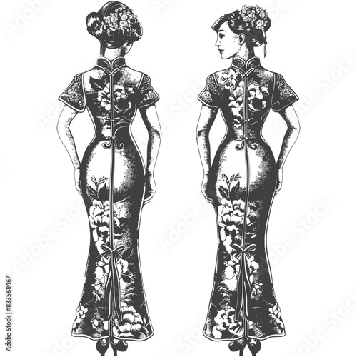 Ink Sketch: Two Women in Floral Cheongsam Dresses, Back View.