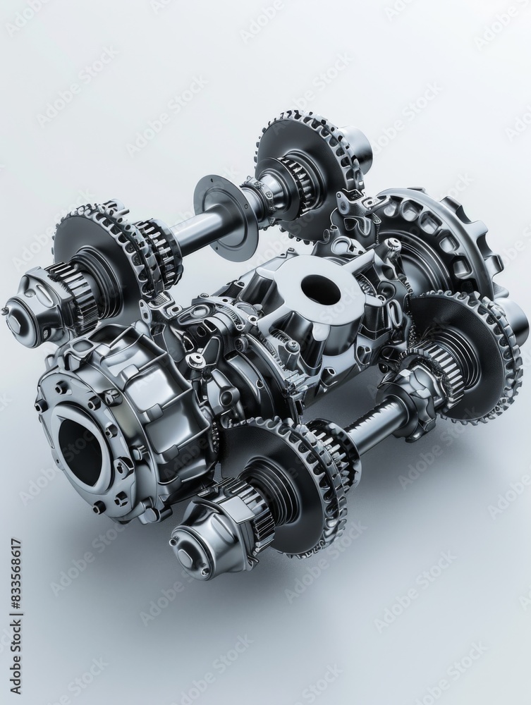 The image shows a close-up of a car transmission. The transmission is made of metal and has many gears and other components. The image shows a close-up of a car transmission. The transmission is made of metal and has many gears and other components.