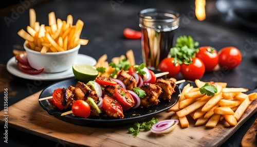 Chicken kebab in black plate tomato, onion, French fries and bread Iraqi food
 photo