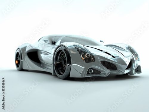 The image shows a futuristic silver sports car with a sleek design and glowing headlights. photo