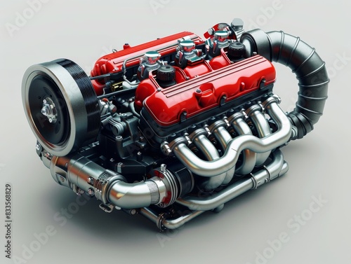 The image shows a V8 engine with red valve covers and a black intake manifold. The engine is mounted on a gray surface.