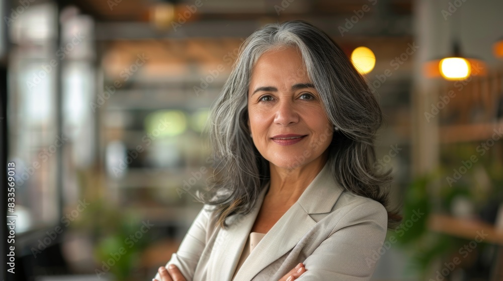 Confident Senior Businesswoman with Gray Hair in Modern Office Setting
Confident Senior Businesswoman with Gray Hair in Modern Office Setting