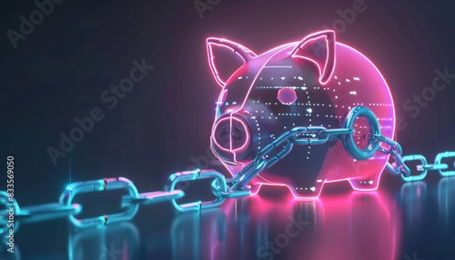 Piggy Bank Security 3D Render with Digital Locks and Chain  Financial Crime Concept photo