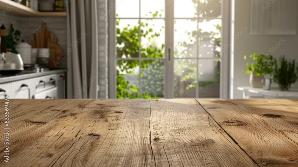 Fototapeta premium Rustic Wooden Table in Cozy Kitchen with Sunlight and Greenery 