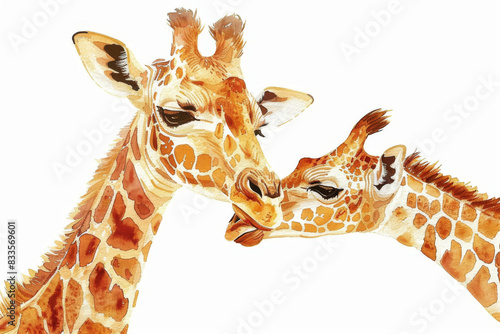 Mother giraffe and baby cuddling, safari animal watercolor illustration