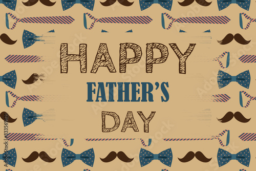 Father's Day greeting card with pattern, texture and text. Men's accessories, bow tie, necktie and mustache. Cool concept in modern style