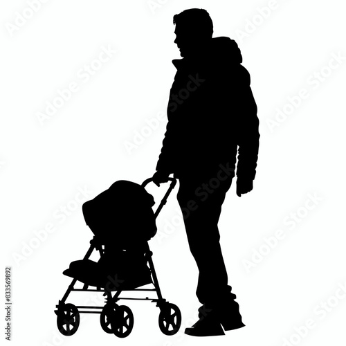 vector silhouette of a man with a baby stroller on a white background .Generative AI