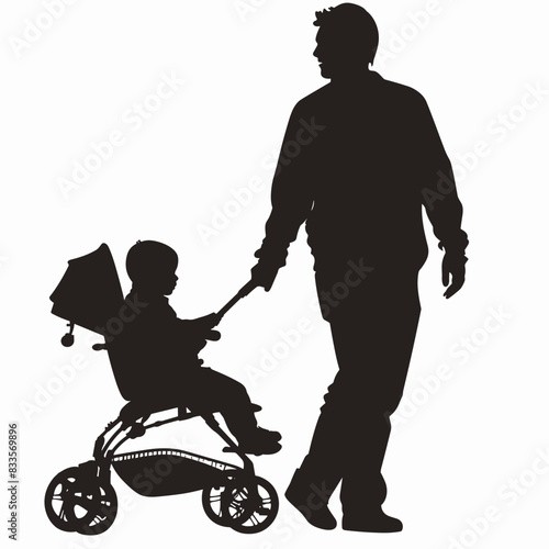 vector silhouette of a man with a baby stroller on a white background .Generative AI