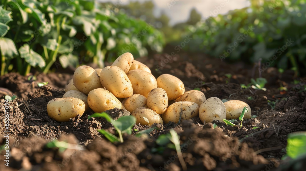 fresh organic potatoes in the field, harvesting potatoes from soil fresh organic potatoes in the field, harvesting potatoes from soil
