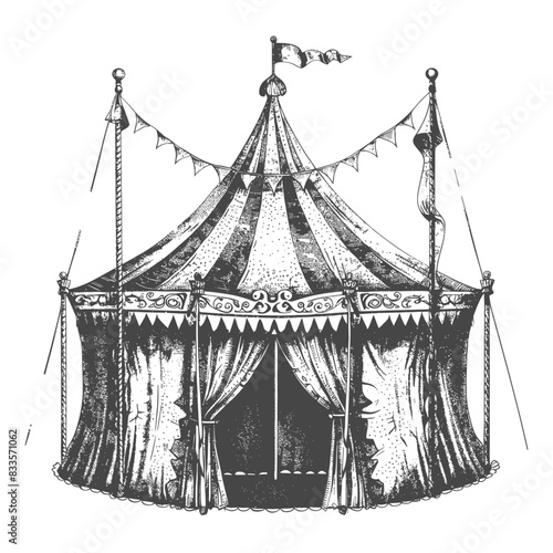 Vintage Circus Tent: Striped Canopy, Banners, and Curtains - Hand-Drawn Illustration