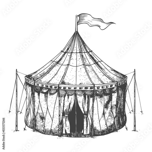 Vintage Circus Tent: Hand-Drawn Illustration with Flag and Detailed Hatching.