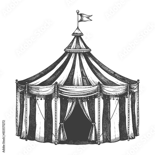 Circus Tent Sketch: Black & White Striped Pavilion with Flag, Vintage Style Illustration.