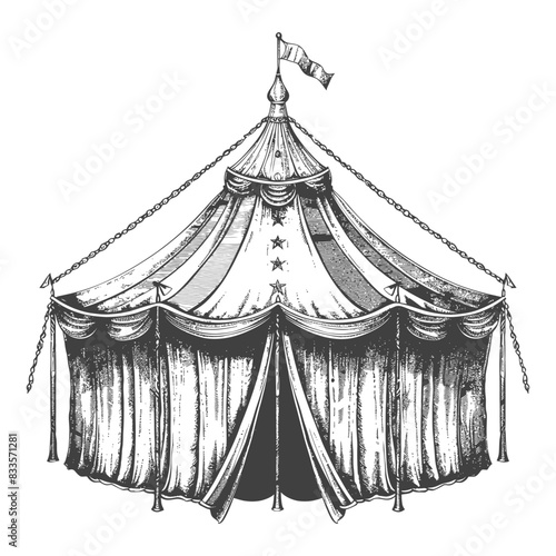 Vintage Circus Tent: Engraved Illustration, Detailed Lines, Festive Fabric.