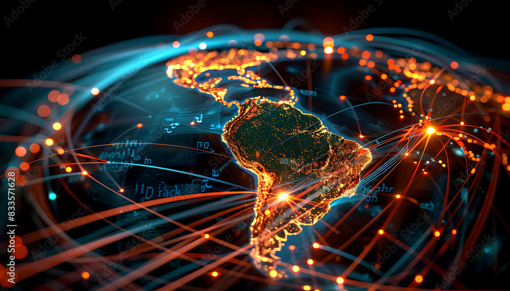 High-speed digital globe of Americas with vibrant data lines and intense connectivity