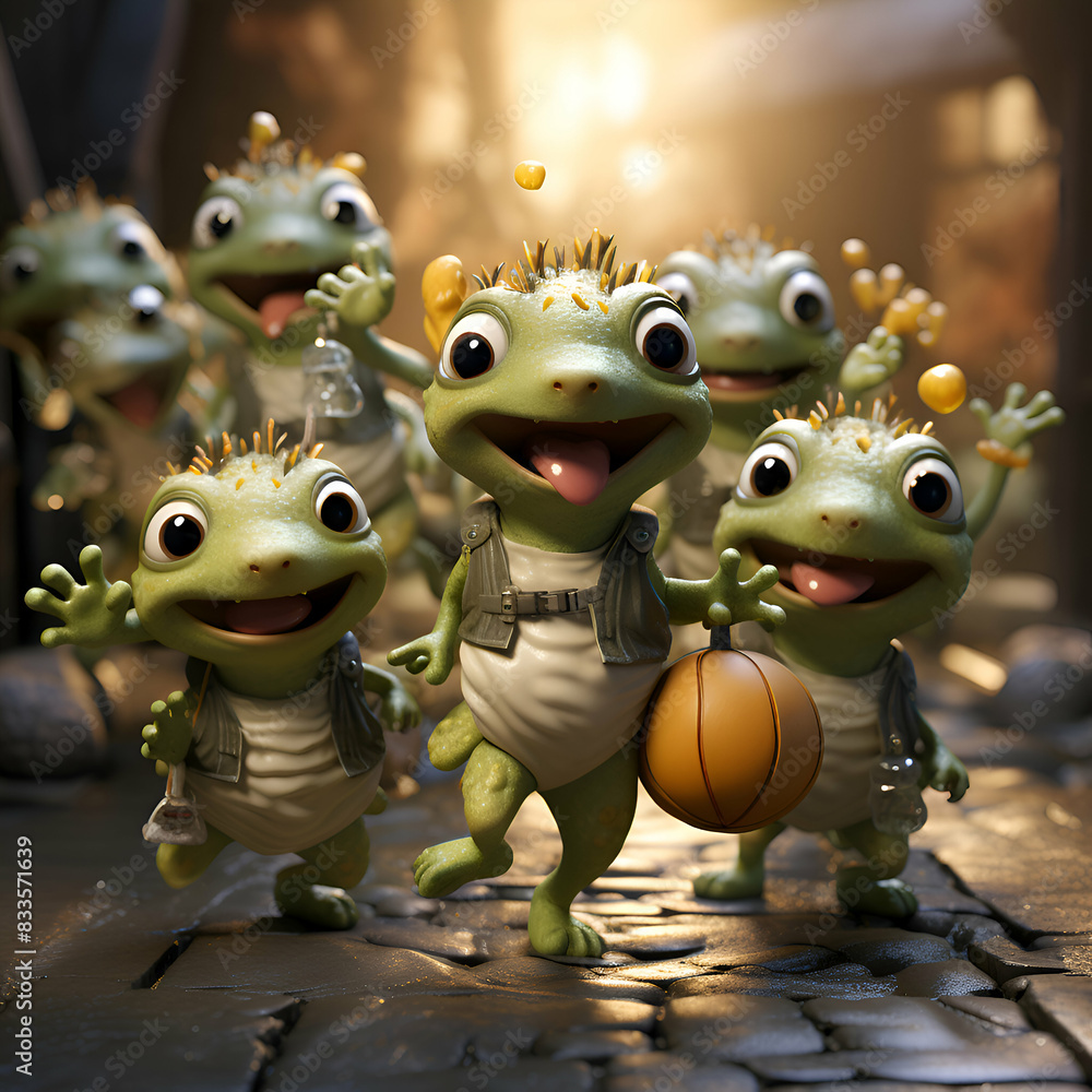 Funny little frog with a basketball. 3d rendering. 3d illustration. Funny little frog with a basketball. 3d rendering. 3d illustration.