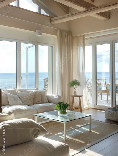Stylish living room interior with sea view and glass