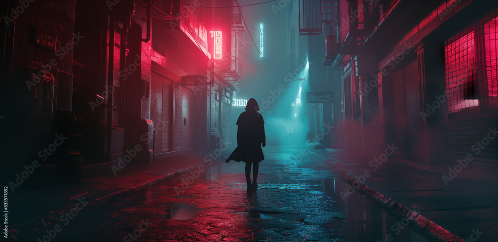 man in dark futuristic cyberpunk city, person staying at street in anti utopia environment, fantasy and sci fi man in dark futuristic cyberpunk city, person staying at street in anti utopia environment, fantasy and sci fi