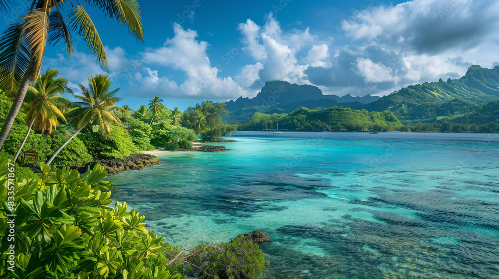 Fototapeta premium A paradise landscape of one of the islands of French Polynesia, where turquoise waters combined with lush vegetation create a unique atmosphere.