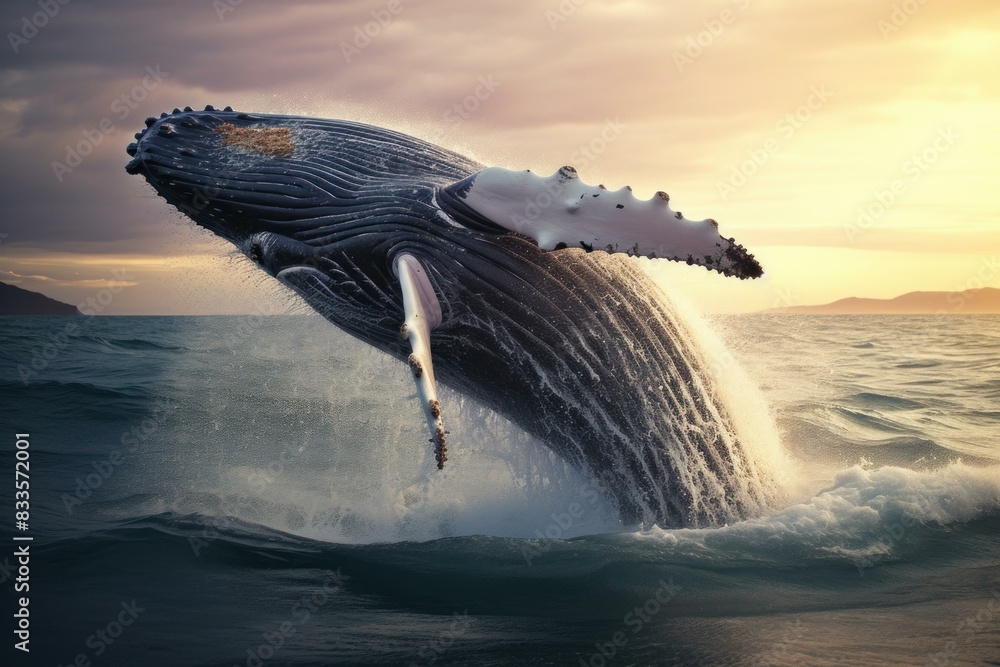 Fototapeta premium Stunning image capturing a humpback whale leaping from the ocean against a sunset backdrop