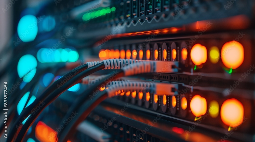 a close up of a network server with many wires and lights on it's sides