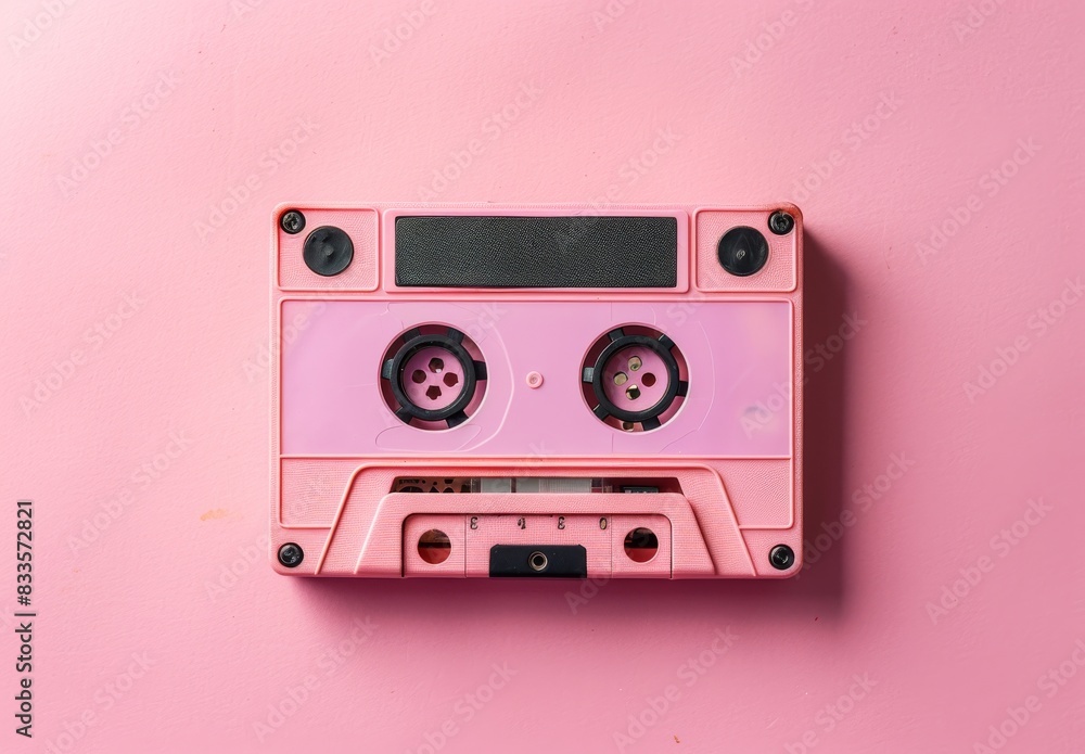 Fototapeta premium A music cassette tape placed on a pink background.