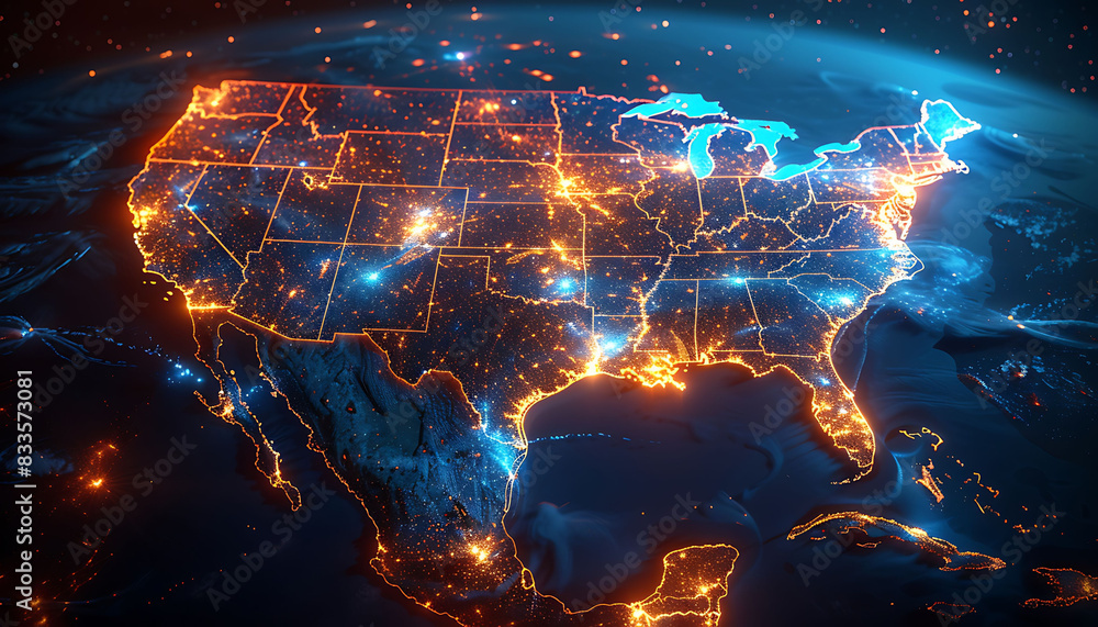 High-speed digital map of the United States with vibrant data lines illustrating intense connectivity High-speed digital map of the United States with vibrant data lines illustrating intense connectivity