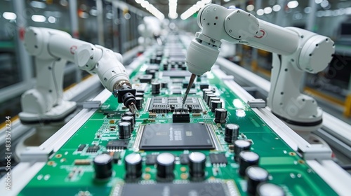 Advanced high precision robotic arm on chip manufacturing. Production of electronic devices. Installation of components on printed circuit board. automated state-of-the-art PCB assembly line