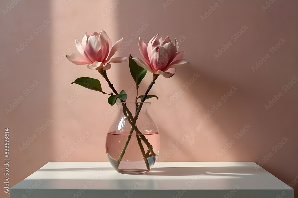 Fototapeta premium Beautiful pink magnolia flower in transparent glass vase standing on white table, sunlight on pastel pink wall.