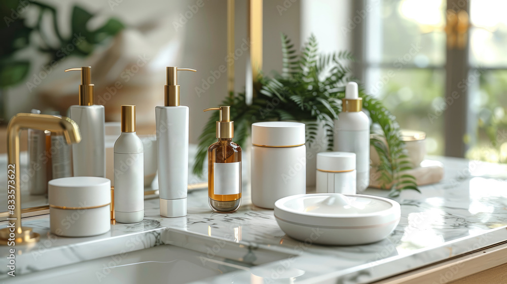 A range of luxurious skincare products, including a face cream, serum, eye cream, and cleanser, are displayed on a marble shelf in a modern bathroom. A range of luxurious skincare products, including a face cream, serum, eye cream, and cleanser, are displayed on a marble shelf in a modern bathroom.