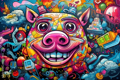 doodle background design, graffiti art pig colorful