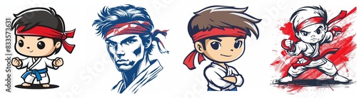 set of line drawing simple karate kid wearing a red white headband