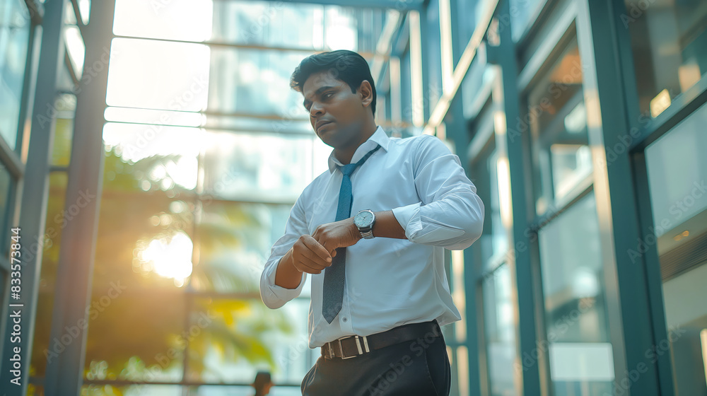 South Indian corporate man checking his watch while walking through the office South Indian corporate man checking his watch while walking through the office