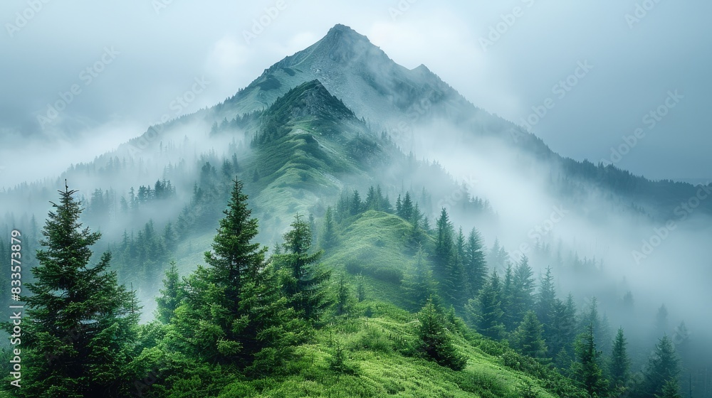 Fototapeta premium A beautiful landscape of misty mountains. The mountains are covered in lush green forests, and the fog gives the scene a mysterious and ethereal feel.
