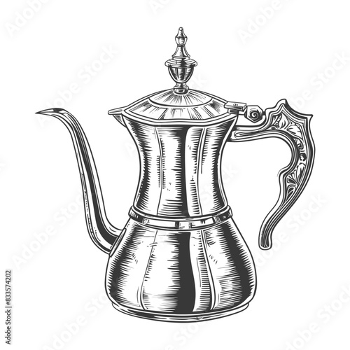 Engraved Silver Coffee Pot: Vintage Etched Design on White Background