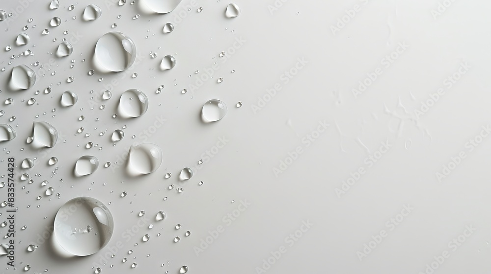 Close up of water drops on a white surface, reflecting light. High resolution photography. Close up of water drops on a white surface, reflecting light. High resolution photography.
