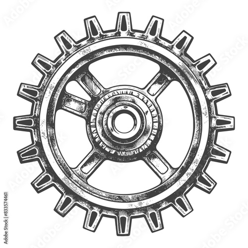 Etched Cogwheel: Vintage Gear Illustration, Intricate Detail, Steampunk Style.
