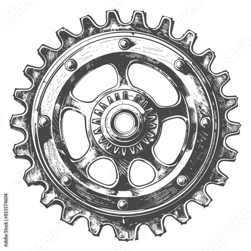 Detailed Engraving: Metallic Sprocket Gear Wheel, Intricate Design, Vintage Industrial.