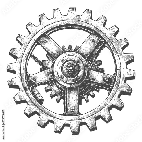 Etched Steampunk Gear: Intricate Sprocket with Central Hub, Industrial Design.