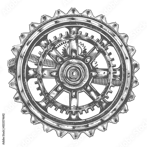 Intricate Clockwork: Detailed Engraving of a Mechanical Gear Assembly