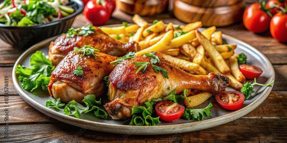 Chicken pieces plate served salad fries healthy diet sauce appetizing presentation Chicken pieces plate served salad fries healthy diet sauce appetizing presentation