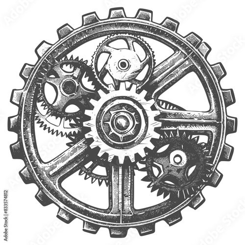 Etched Cogwheel Mechanism: Intricate Interlocking Gears, Vintage Style Illustration.